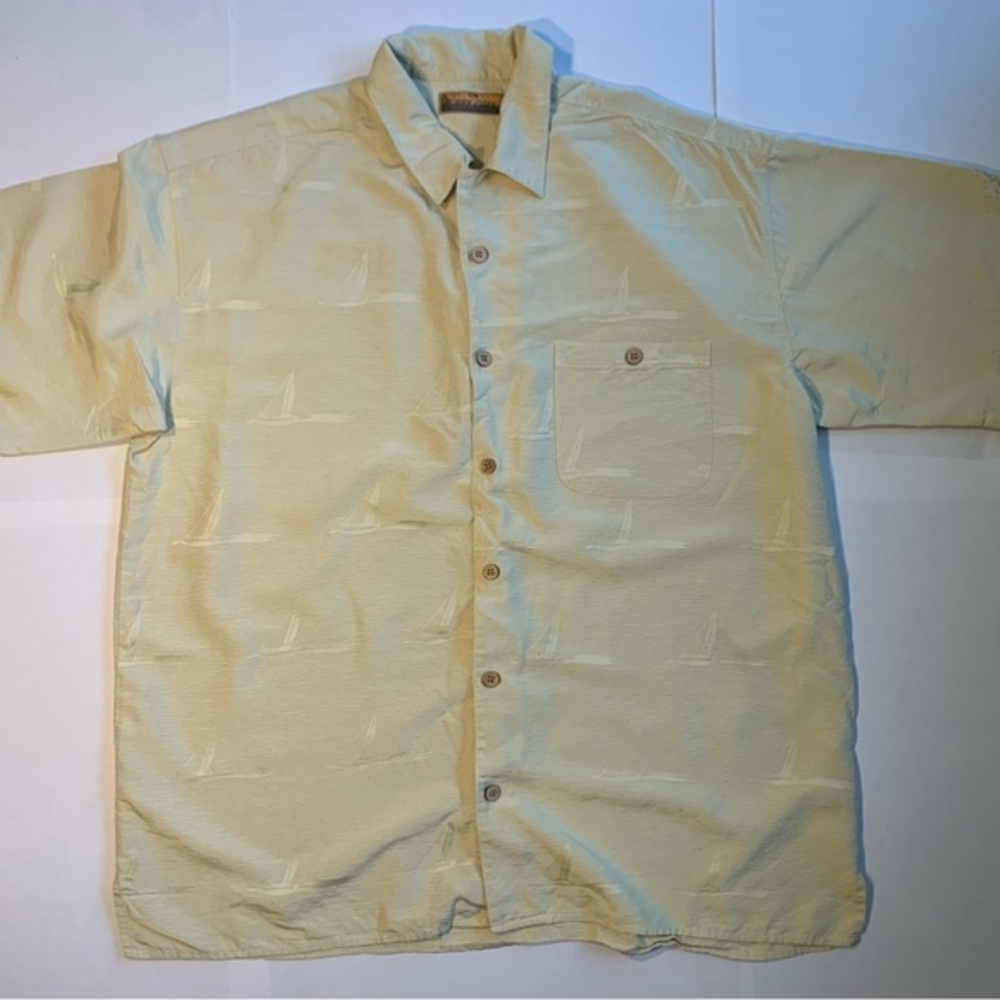 Bobby Chan 100% Silk Sail Boat Polo Summer Vacation Hawaiian Shirt XL Off Yellow - Picture 12 of 12